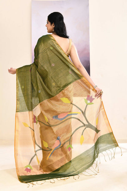 Piyari Fashion Women's Moss Green Embellished Tissue Jamdani Saree