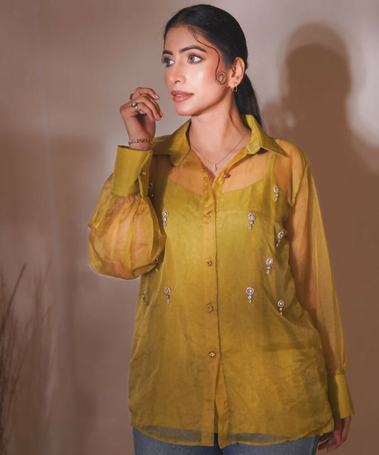 Timaraa Olive Glow Organza Hand-Embellished Shirt