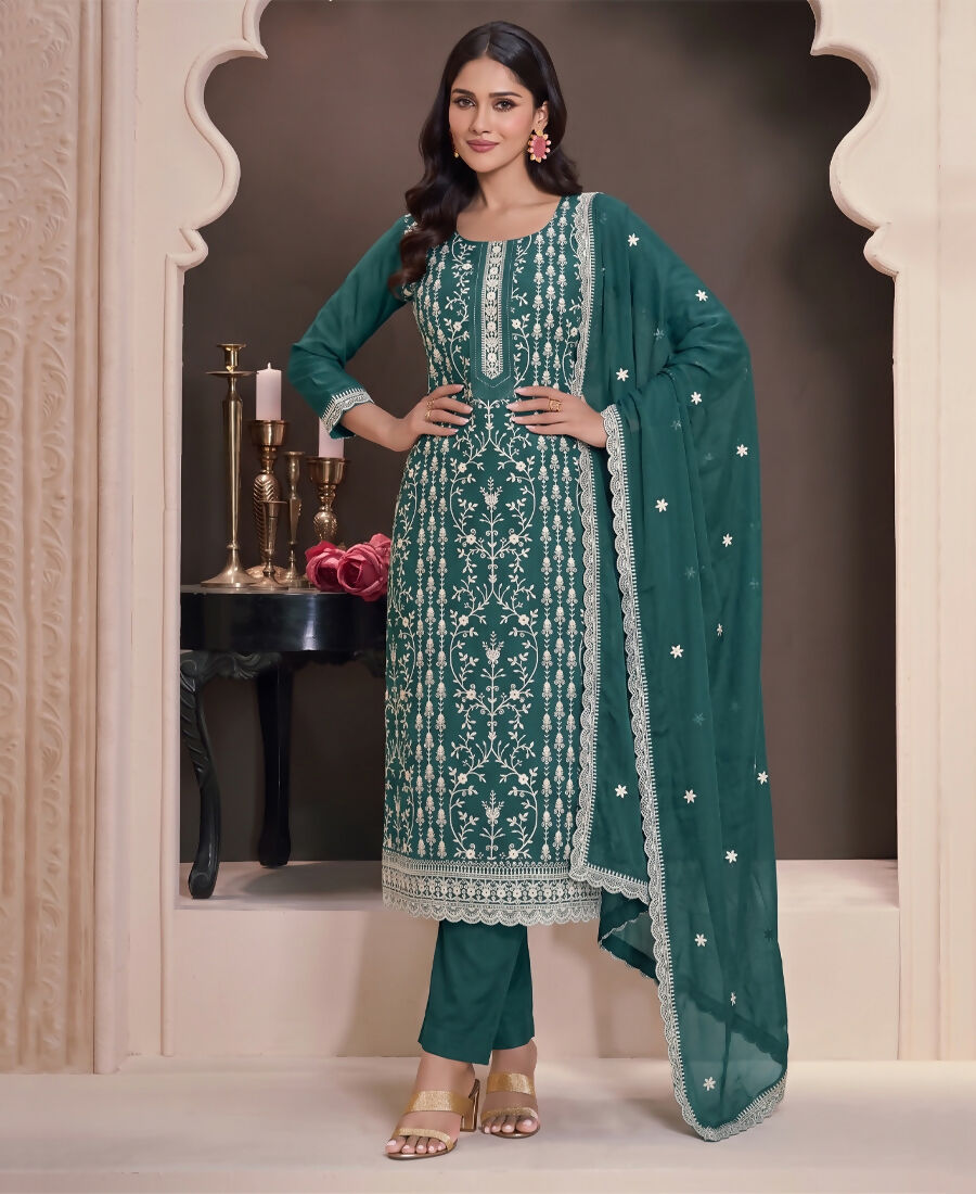 KC Aqua Blue Summer Wear Rangoli Silk Straight Suit For Women
