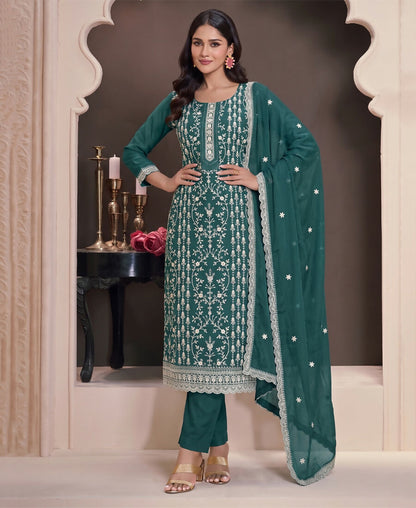KC Aqua Blue Summer Wear Rangoli Silk Straight Suit For Women