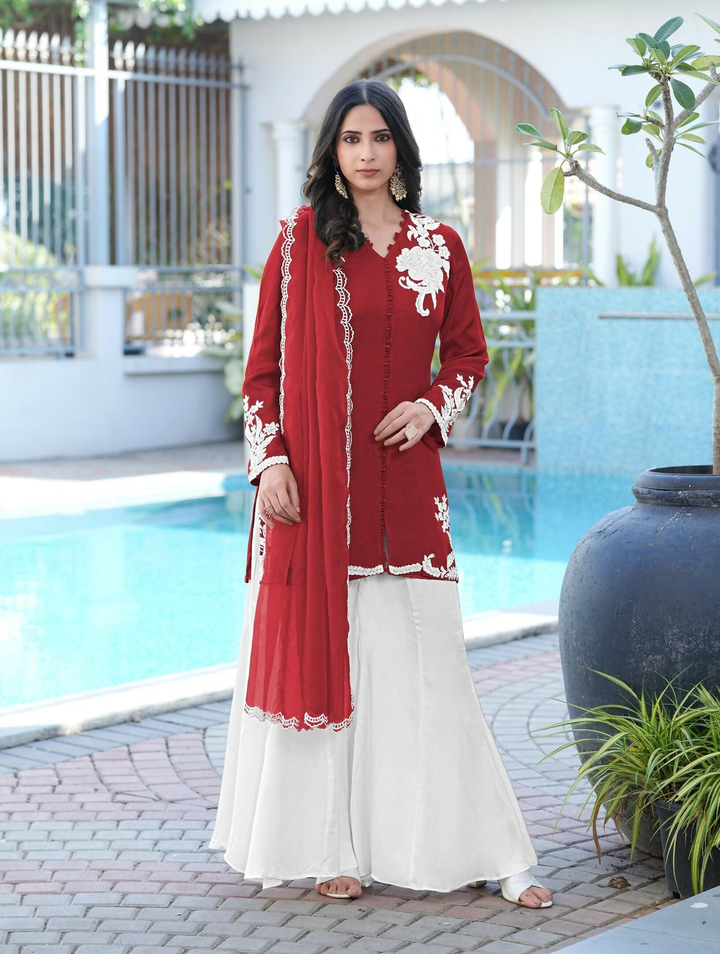 Nikhaar Maroon Embroidered Modal Silk Stitched Straight Cut Kurta Kalidar Palazzo Dupatta Readymade Suit