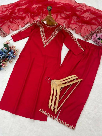 Teeya Creation New Womens Red Straight Cut Kurta Set with Scalloped Embroidered Organza Dupatta Set