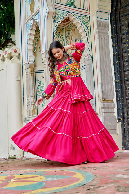 Teeya Creation Womens New Stylish Heavy Gamthi Work With Mirror Lace Work Pink Gown Set