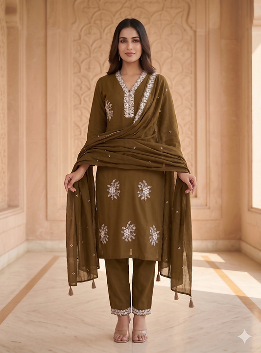 Teeya Creation Vibrant Gold Embroidered Kurti with Pant and Dupatta Set