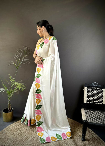 Prime Volt Multicolor Leaf Embroidery Rangoli Silk Saree with Scalloped Border-White