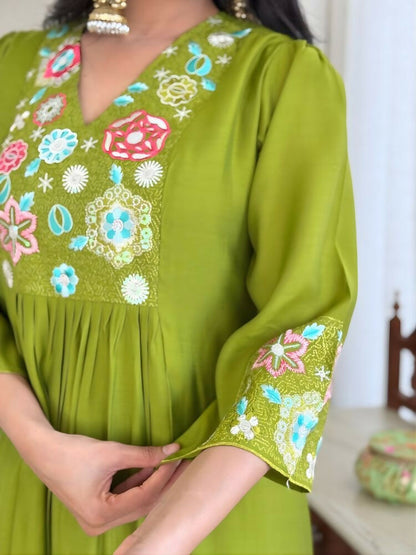 The52 Women's Beautiful Embroidery Work Viscose Silk Fabric Flared Kurta Pant and Dupatta Set
