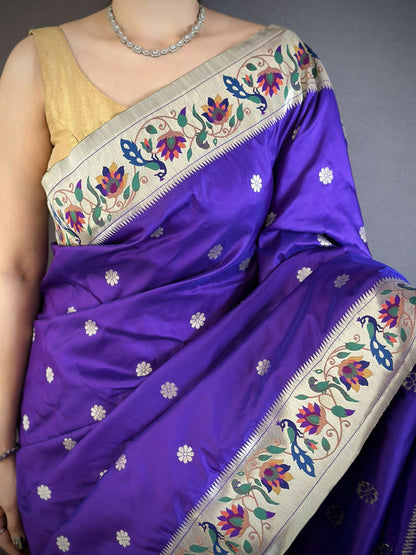 Prime Volt Premium Soft Silk Mayur Paithani Saree with Peacock Meena Weaving & Rich Pallu-Royal Purple