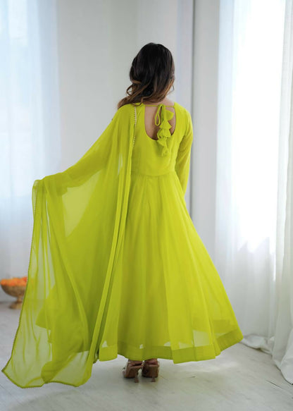 Teeya Creation Women'S Lime Parrot Green Solid Flared Anarkali Kurta With Dupatta Set