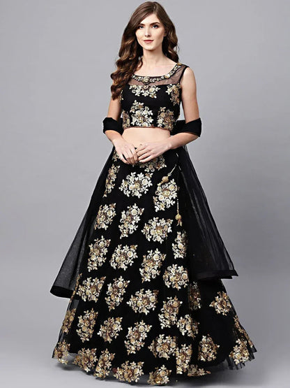 Tulsi Art Black Floral Golden Sequins Work Net Fabric Party Wear Lehenga Choli
