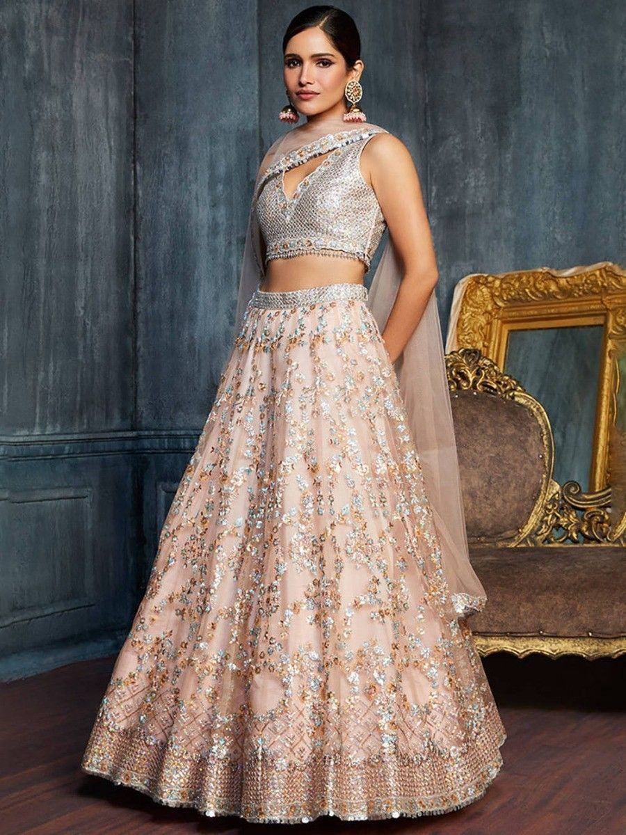 Tulsi Art Charming Peach Sequins Net Engagement Wear Lehenga Choli With Dupatta