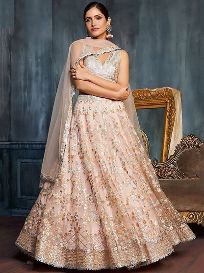Tulsi Art Charming Peach Sequins Net Engagement Wear Lehenga Choli With Dupatta