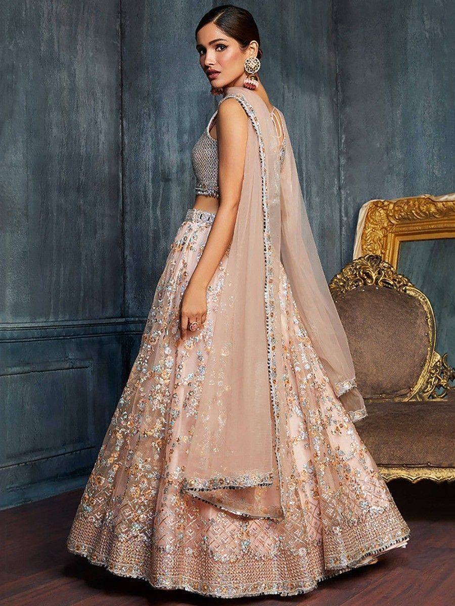 Tulsi Art Charming Peach Sequins Net Engagement Wear Lehenga Choli With Dupatta