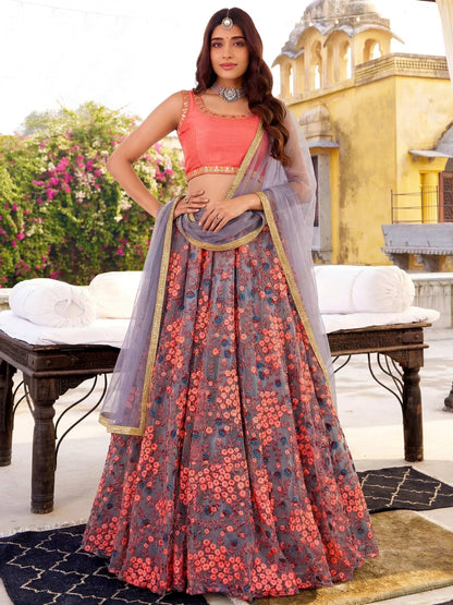 Tulsi Art Incredible Grey Embroidered Net Festival Wear Lehenga Choli