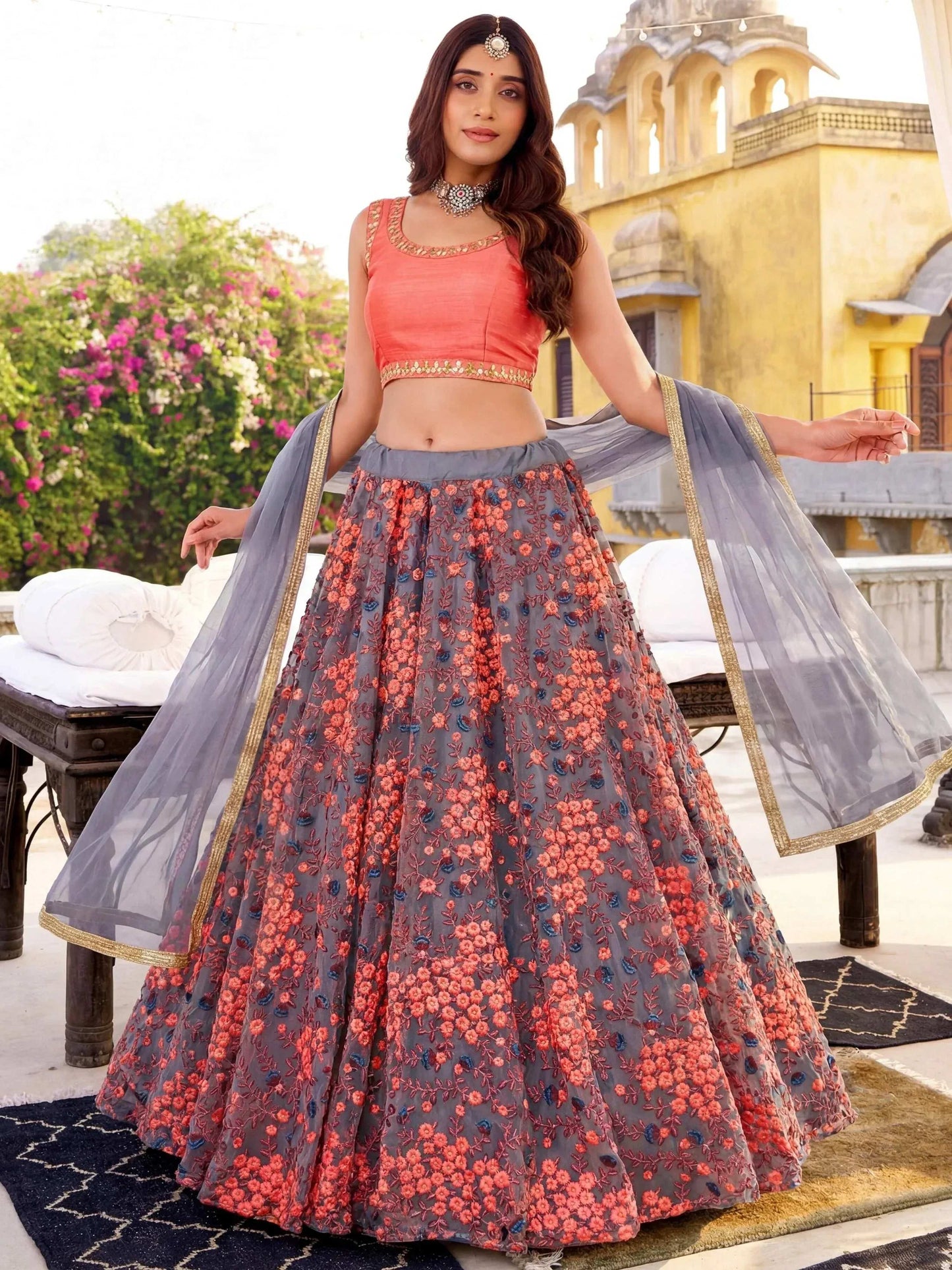 Tulsi Art Incredible Grey Embroidered Net Festival Wear Lehenga Choli