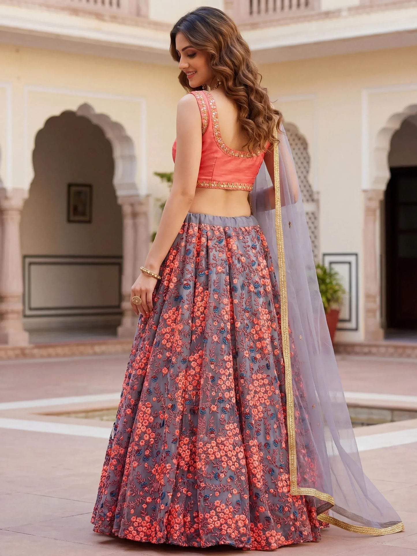 Tulsi Art Graceful Grey Embroidered Net Festive Wear Lehenga Choli