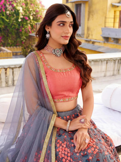 Tulsi Art Incredible Grey Embroidered Net Festival Wear Lehenga Choli