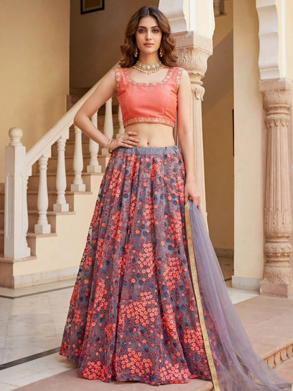 Tulsi Art Graceful Grey Embroidered Net Festive Wear Lehenga Choli