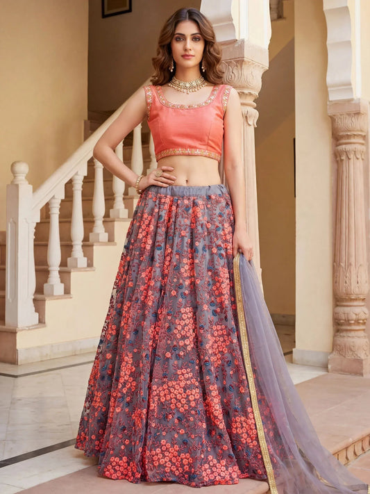 Tulsi Art Graceful Grey Embroidered Net Festive Wear Lehenga Choli