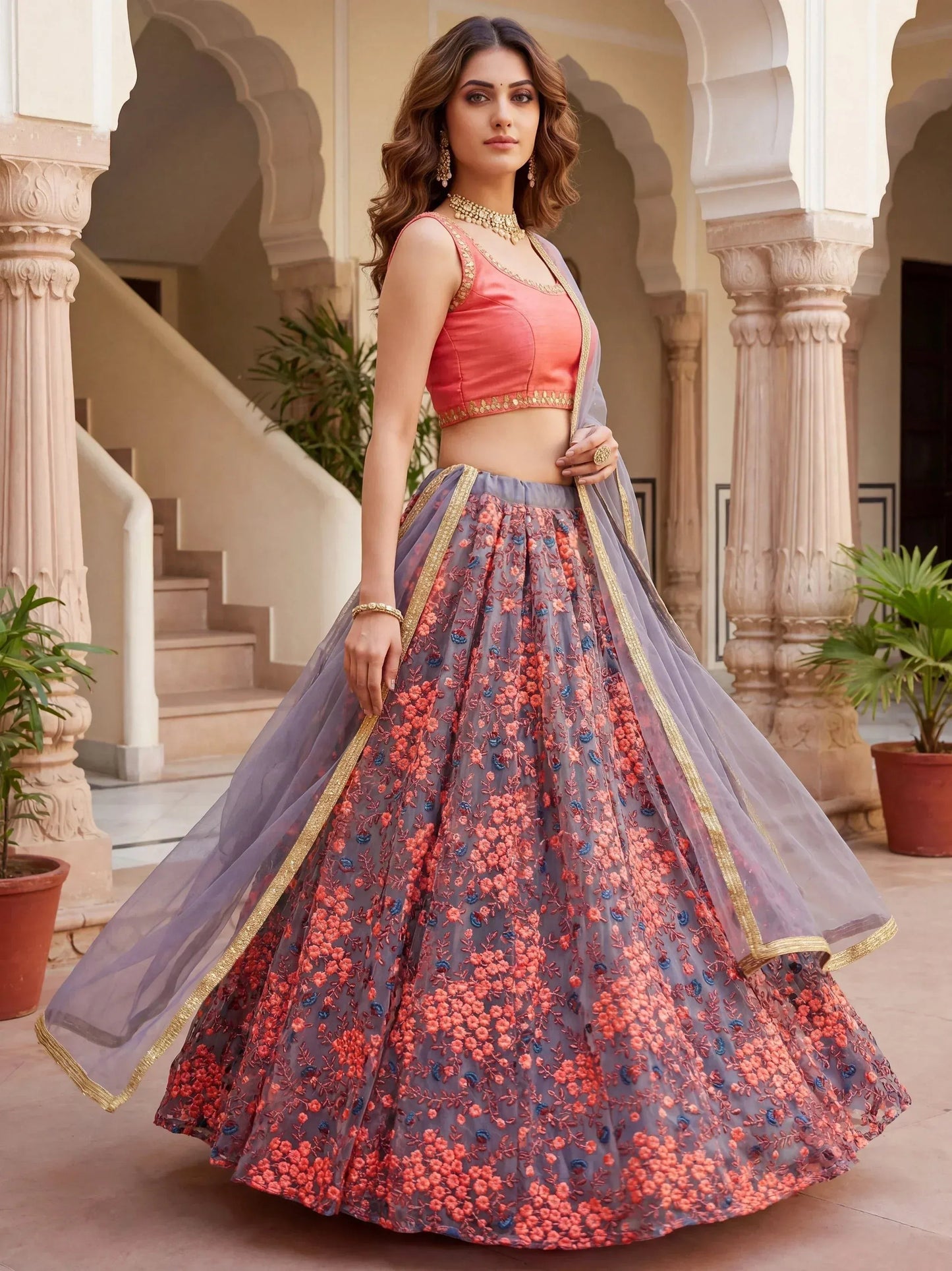 Tulsi Art Graceful Grey Embroidered Net Festive Wear Lehenga Choli