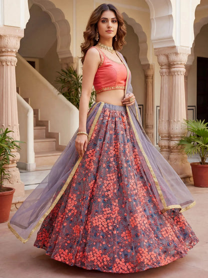 Tulsi Art Graceful Grey Embroidered Net Festive Wear Lehenga Choli