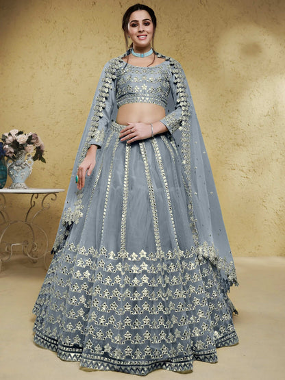 Tulsi Art Gorgeous Grey Foil Work Net Reception Wear Lehenga Choli With Dupatta