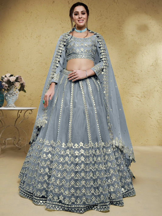 Tulsi Art Gorgeous Grey Foil Work Net Reception Wear Lehenga Choli With Dupatta