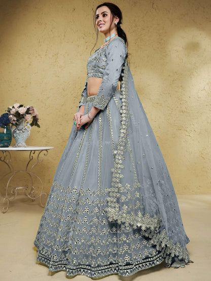 Tulsi Art Gorgeous Grey Foil Work Net Reception Wear Lehenga Choli With Dupatta