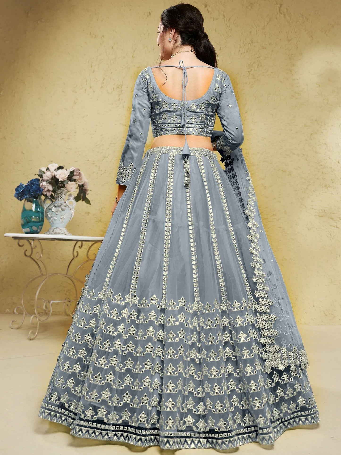 Tulsi Art Gorgeous Grey Foil Work Net Reception Wear Lehenga Choli With Dupatta