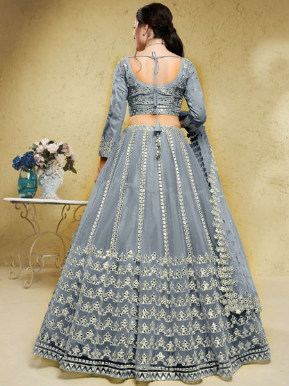 Tulsi Art Gorgeous Grey Foil Work Net Reception Wear Lehenga Choli With Dupatta