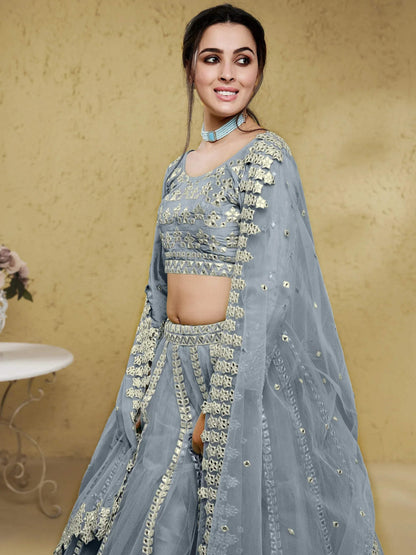 Tulsi Art Gorgeous Grey Foil Work Net Reception Wear Lehenga Choli With Dupatta