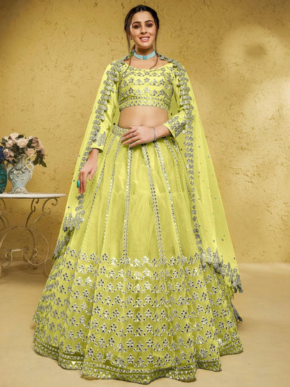 Tulsi Art Captivating Lime Yellow Foil Work Net Engagement Wear Lehenga Choli
