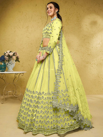 Tulsi Art Captivating Lime Yellow Foil Work Net Engagement Wear Lehenga Choli