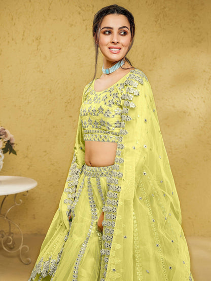 Tulsi Art Captivating Lime Yellow Foil Work Net Engagement Wear Lehenga Choli
