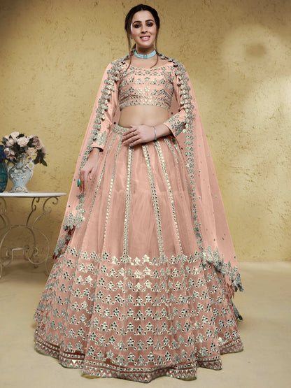 Tulsi Art Fascinating Dusty Pink Foil Work Net Bridesmaid Lehenga Choli