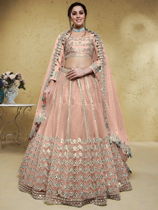 Tulsi Art Fascinating Dusty Pink Foil Work Net Bridesmaid Lehenga Choli