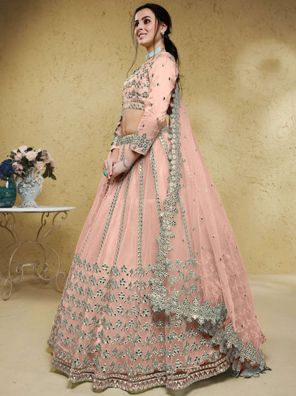 Tulsi Art Fascinating Dusty Pink Foil Work Net Bridesmaid Lehenga Choli
