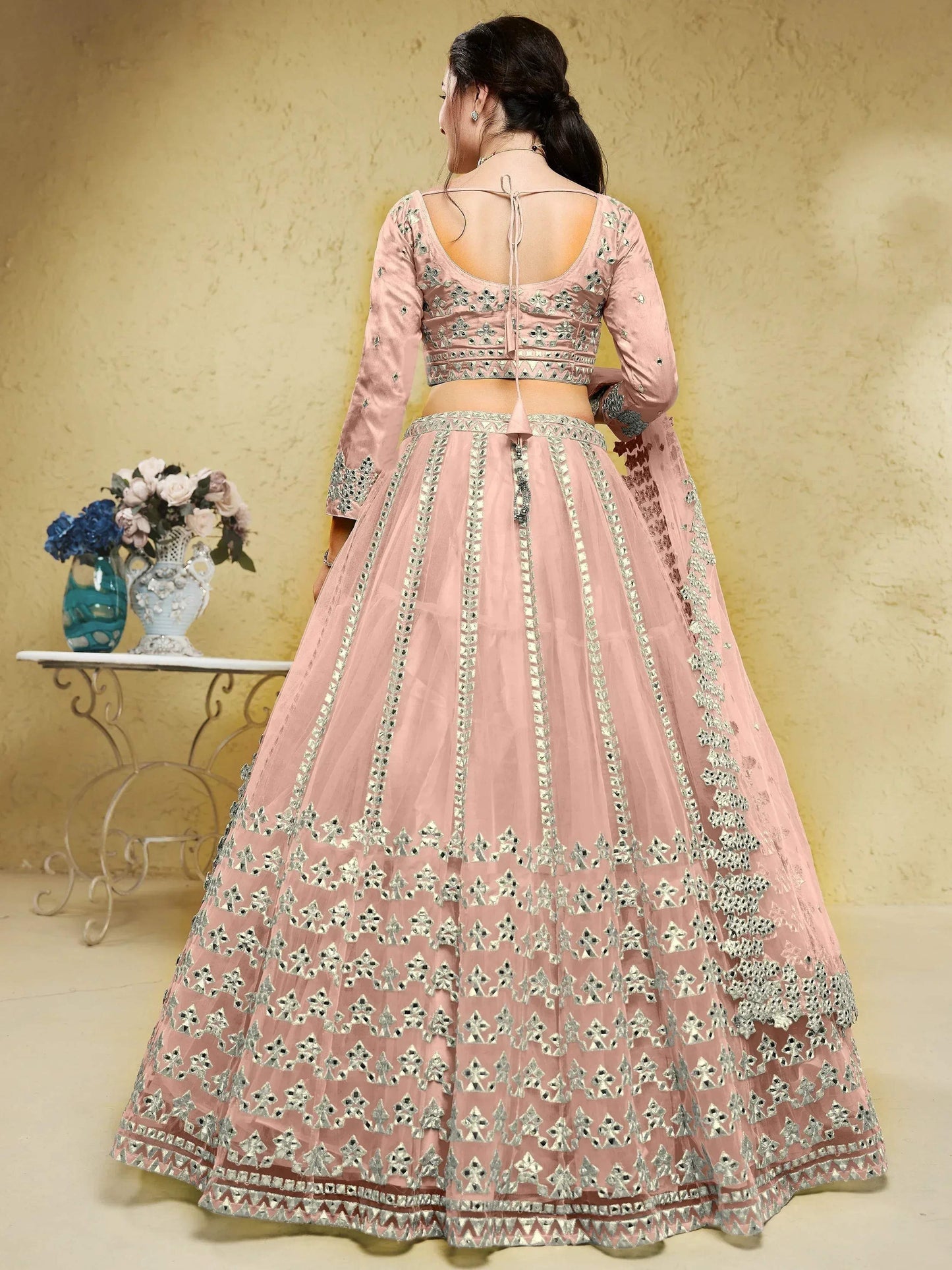 Tulsi Art Fascinating Dusty Pink Foil Work Net Bridesmaid Lehenga Choli
