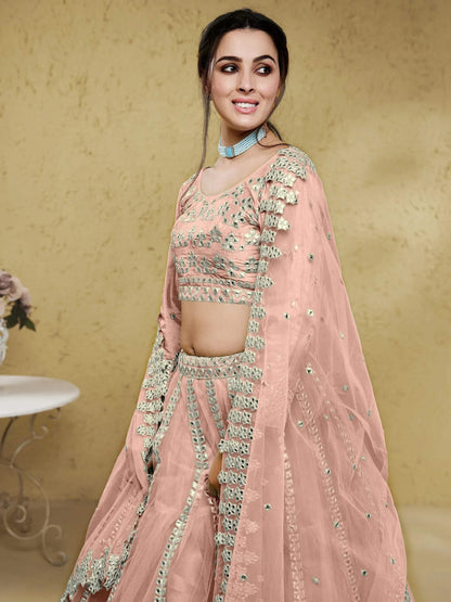 Tulsi Art Fascinating Dusty Pink Foil Work Net Bridesmaid Lehenga Choli
