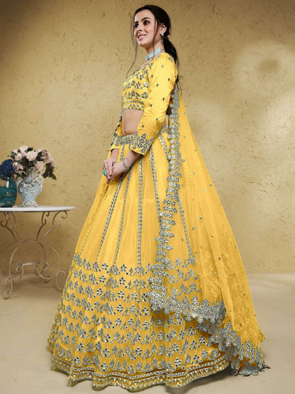 Tulsi Art Magnetic Yellow Foil Work Net Haldi Wear Lehenga Choli With Dupatta