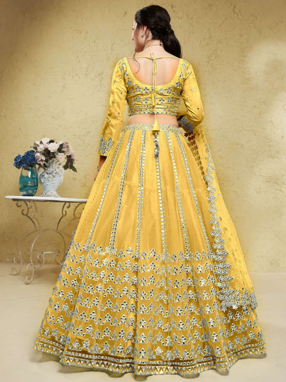 Tulsi Art Magnetic Yellow Foil Work Net Haldi Wear Lehenga Choli With Dupatta