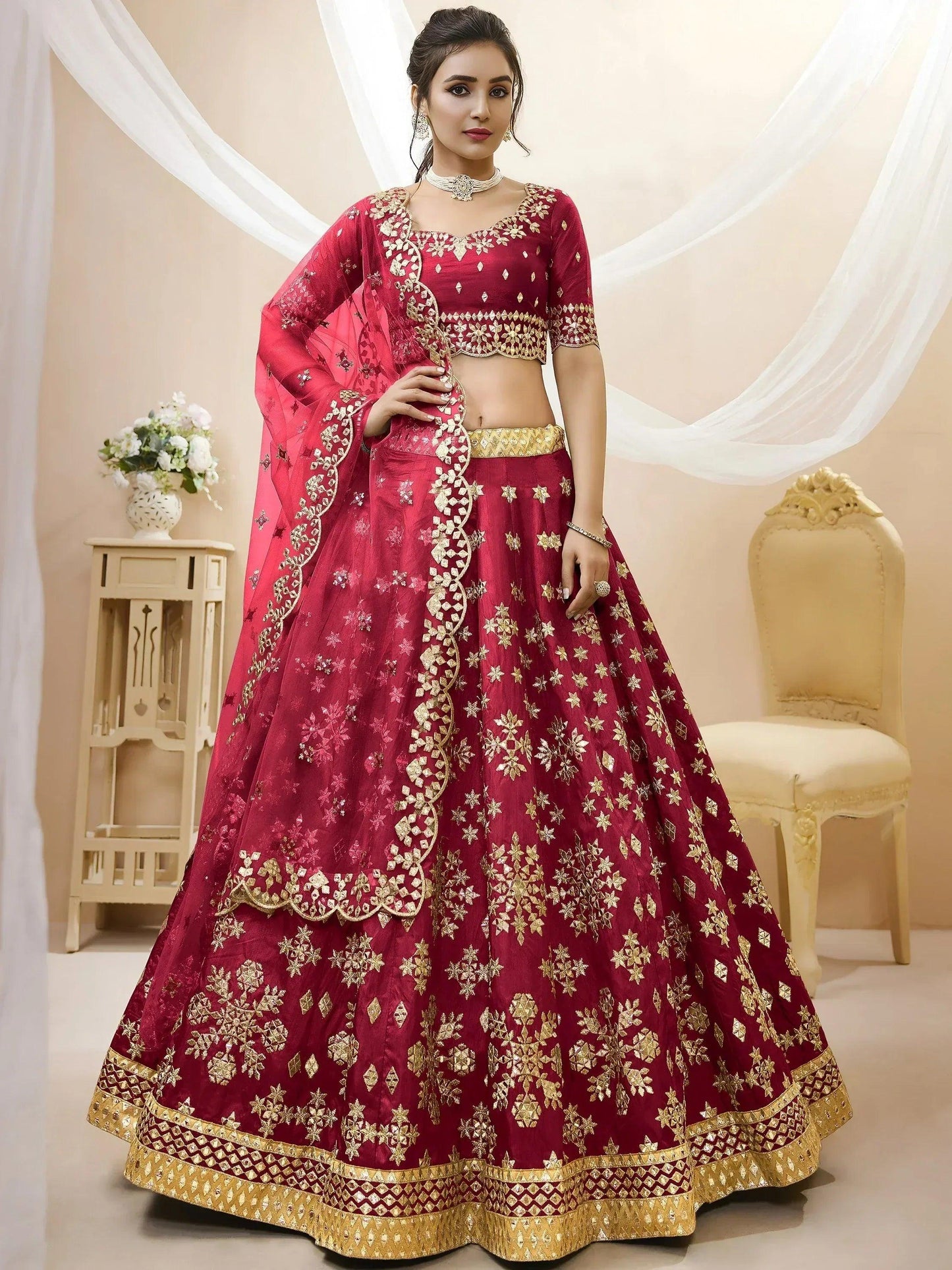 Tulsi Art Charismatic Red Zari Work Art Silk Wedding Wear Lehenga Choli