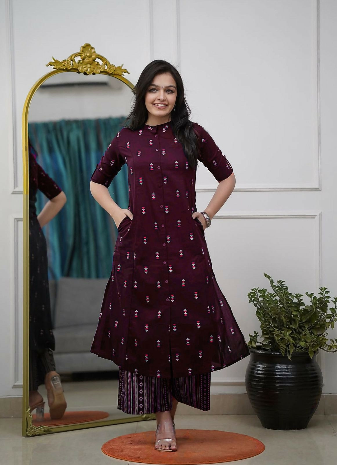 Teeya Creation Sophisticated Wine Colored Straight Kurta With Printed Palazzo Set