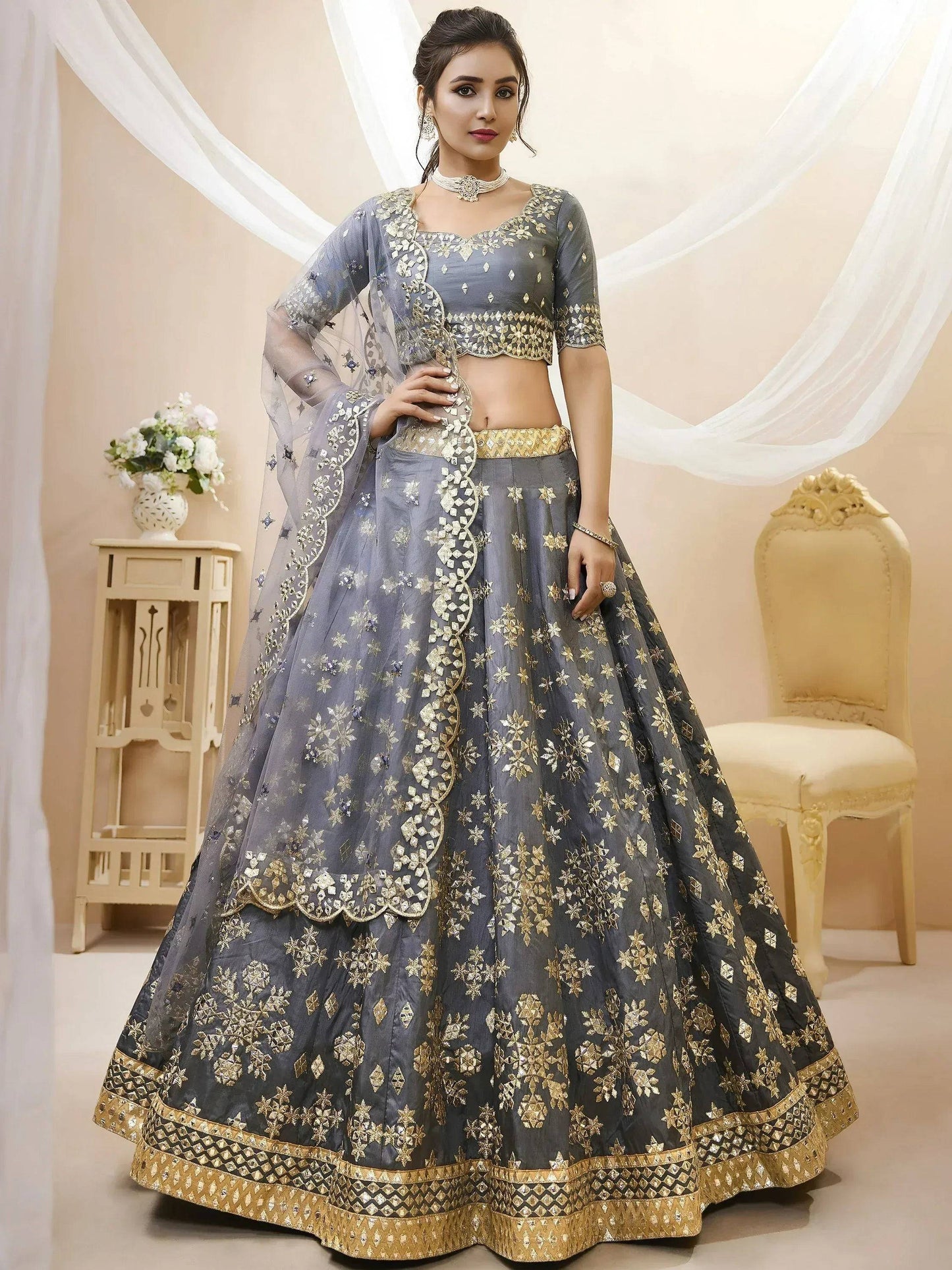 Tulsi Art Marvelous Grey Embroidered Art Silk Engagement Wear Lehenga Choli
