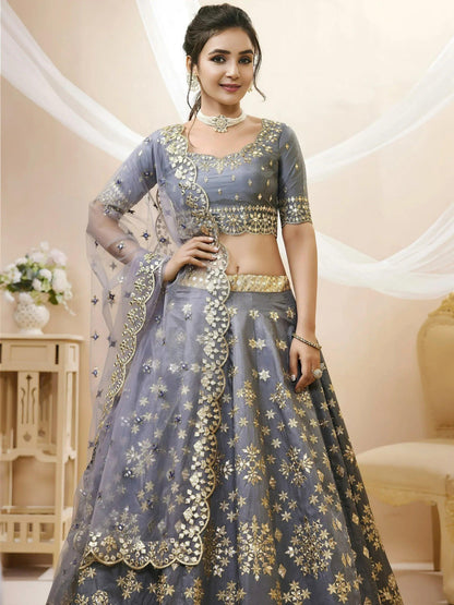 Tulsi Art Marvelous Grey Embroidered Art Silk Engagement Wear Lehenga Choli
