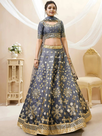 Tulsi Art Marvelous Grey Embroidered Art Silk Engagement Wear Lehenga Choli