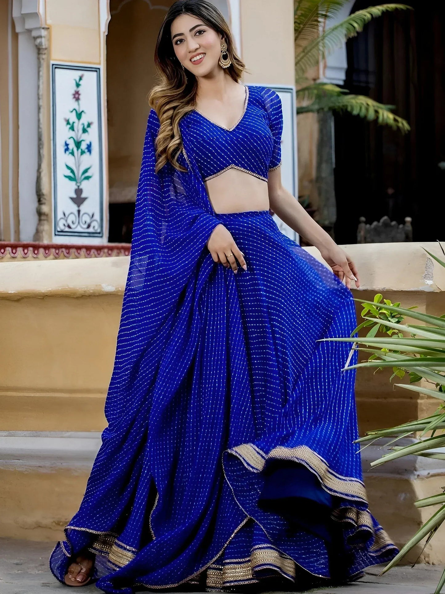 Tulsi Art Gorgeous Blue Leheriya Print Georgette Wedding Wear Lehenga Choli