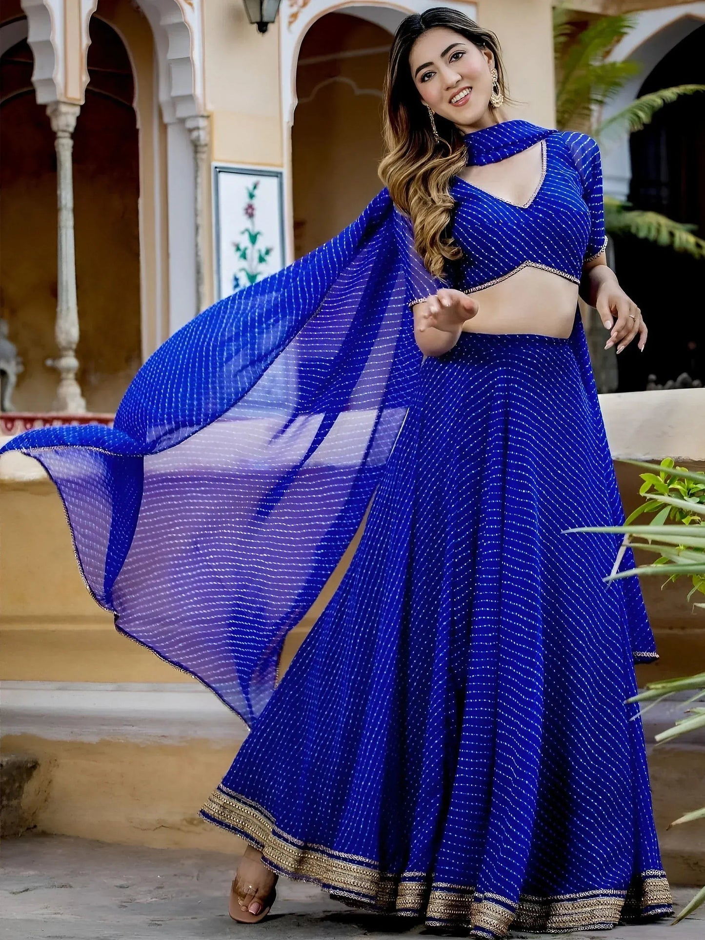Tulsi Art Gorgeous Blue Leheriya Print Georgette Wedding Wear Lehenga Choli