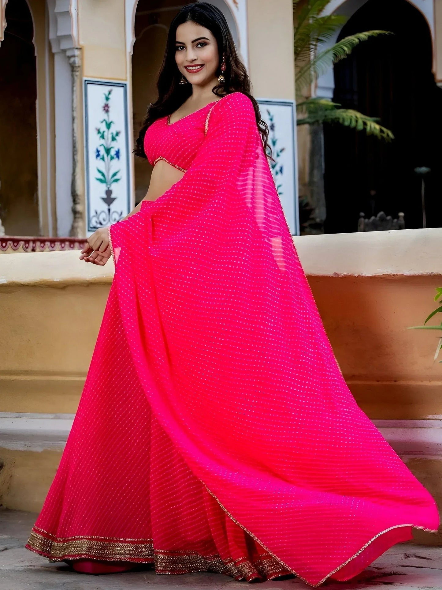 Tulsi Art Astounding Pink Leheriya Georgette Bridesmaid Lehenga Choli