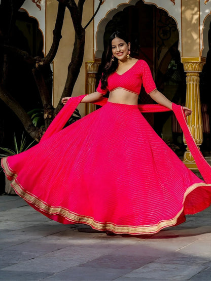 Tulsi Art Astounding Pink Leheriya Georgette Bridesmaid Lehenga Choli