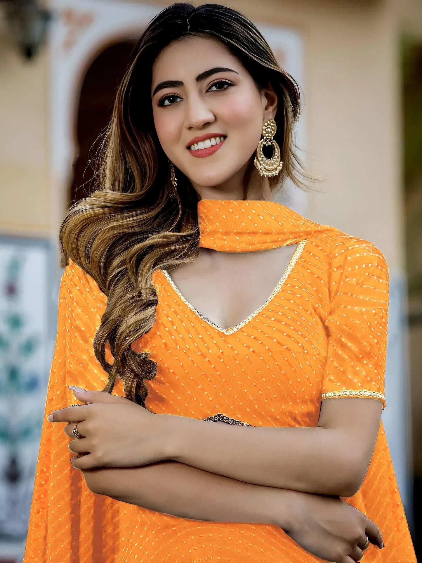 Tulsi Art Pretty Orange Leheriya Print Georgette Wedding Lehenga Choli
